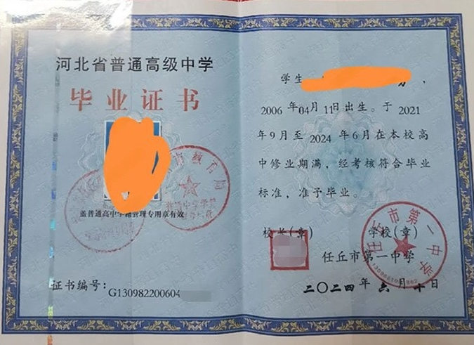 长安任丘市第一中学高中毕业证样本图片