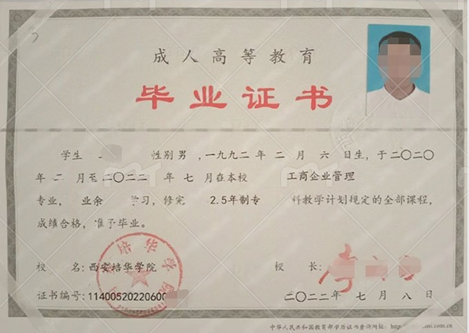 西安培华学院2022年业余专科毕业证书样本图片（工商企业管理）