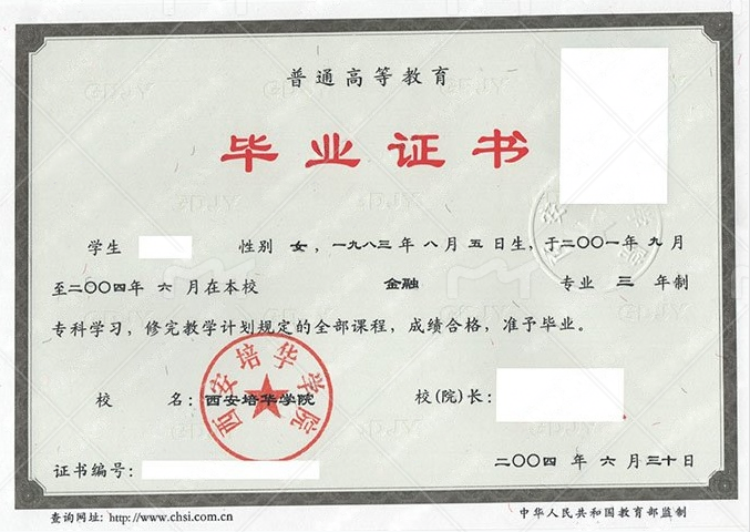 西安培华学院2004年普通全日制专科毕业证书样本图片（金融）