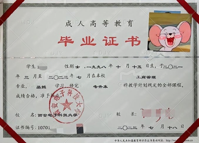 西安电子科技大学2023年函授专升本科毕业证书样本图片（工商管理）